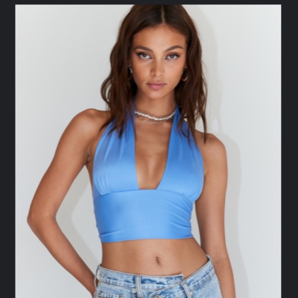 Princess Polly Blue Halter Tie-Back Crop Top (Disco Dreams)